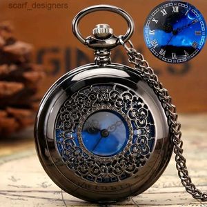 Pocket Watches Star Blue Dial Pingente Bronze Hollow Quartz Pocket Roman Numeral Retro Y240410