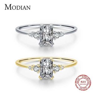 Bandringar Modian Rectangular Dazzling Ring Solid 925 Sterling Silver Transparent Cubic Zirconia Finger Ring for Womens Wedding Exquisite Jewelry Earr J240410