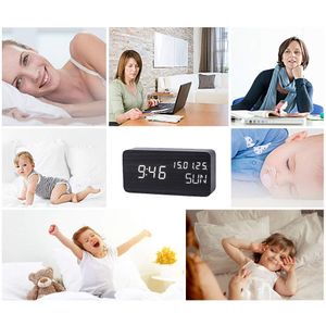 JINSUN Table Clock Sound Control Desktop Luminous Alarm Clock for Children Wooden Calendar Modern Adjustable Brightness