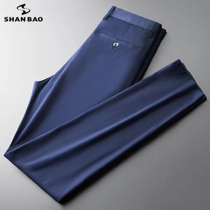 Shan Bao Summer Brand Bambu Fiber Thin Cotton Stretch Mens Fit Straight Pants Business Casual High midje Lättbyxor 240326