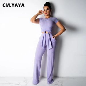 CMYAYA KVINNOR KNITT KORT SLEEVE TIE UP TREATER RÄTT LÅNG PANTER SUITS Tvådelat Set Vintage Tracksuit Outfit S2XL 240410