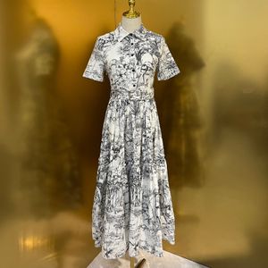 Damenkleid Europäische Modemarke Baumwolle Schwarz -Weiß Dschungel gedruckter Lappelhals kurzärmeliges Hemd Midi Kleid
