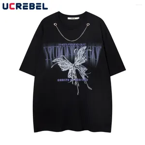 Men's T Shirts Necklace Decoration Short Sleeve T-shirt Mens Butterfly Print Summer High Street Loose Half-Sleeve Crew Neck Cotton Tee Men