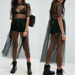 Casual Dresses Beach Mesh Women See Through Black Gauze Sheer Sundress Summer O Neck Short Sleeve Bathing Holiday Outwear