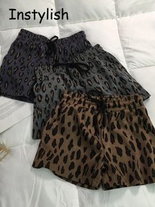 عتيقة Harajuku Leopard طباعة واسعة الساق الساق النساء الصيف كوريا البسيطة الأنيقة الخصر الرباط السراويل فضفاضة سراويل القصيرة 240407