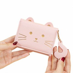 Söt och färsk katttryckta plånbokskorthållare Kvinnors kortfaldig handväska enkel student vikbar kartokort kortväska Q90J#
