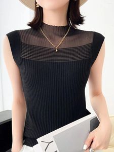 Women's Tanks Ice Silk Halter T-shirt Women Lace Vest Summer Sleeveless Bottom Shirt Half Turtleneck Top Hollow Knit Tank