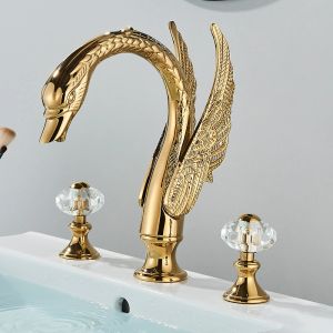 Luxus goldenes Schwan -Form -Becken -Tap Dual Crystal Griff Deck Mount Badezimmermischer Zapfteil