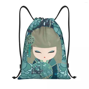 Stume da stoccaggio kokeshi bambola cherry blossoms lo zaino per le donne sport sackpack pieghevole giapponese gare giapponese sacco di allenamento artistico