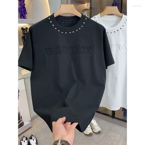 メンズTシャツトレンディなフリルリベットスチールシールルーズラウンドネック半袖Tシャツ夏ファッションオールマッチカジュアルな品質ファッショナブル