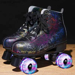 Inline Roller Skates Printed Leather Double Row Roller Skates Shoes Patins Adult Flash Four-wheeled Sliding Inline Quad Skating Training Sneakers Y240410