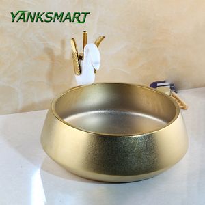 YANKSMART Bathroom Washroom Swan Shape Gold Art Faucet Counter Top Washbasin Sink Combo Set Cold/Hot Mixer Tap With Pop-up Drain