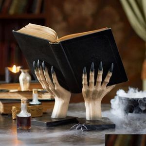 Obiekty dekoracyjne styl Styl nowoczesny terror Witchy Hand Book Stand Statue Halloween Demon Witchs Reshelf Libica Ozdoby Ro dhafe