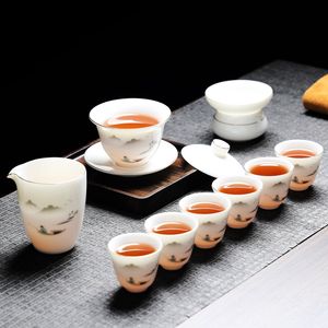10 Pcs/set Chinese High-grade Suet Jade White Porcelain Tea Sets Handmade Ceramic Gaiwan Strainer Teacups Home Teaware Drinkware
