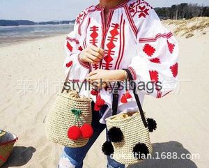 Totes New straw woven cylindrical cherry bag ball beach tourism vacation fashion and leisure H240410