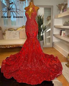 Party Dresses Red Halter Long Prom Dress for Black Girls 2024 Tär med Rhinestone Birthday Sequined Ruffles Aftonklänning med Cape