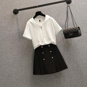 Work Dresses Summer Sport Two-piece Set For Women Hooded T-shirt Tops And Mini Skirt Female Large Size Elegant Black White Cotton Match