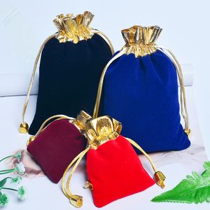 10pcs/lot Vintage Velvet Package Bags Gold Trim Drawstring Black Wine Red Blue Gift Bags Wedding Jewelry Packaging Pouches