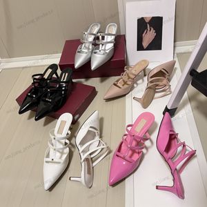 Designer Sandals High Heel Rivets studs Brand Pointed Wedding Shoes 3cm 6cm 8cm Thin Heels Nude Patent Leather three Belts Pumps 24SS slipper dress shoes sandale mule