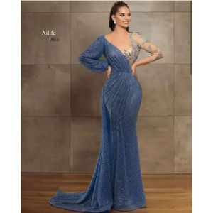 Glitter Blue Mermaid Prom Dresses 2022 Sheer Jewel Neck Beaded Sequins Long Sleeve Evening Dress Sweep Train Custom Made Illusion Robes De 2024