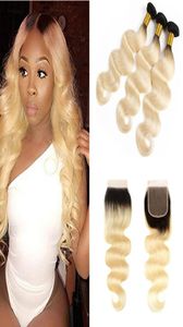 Ombre Brazilian Body Wave Human Hair Bundles with Lace Closure Part Brazilian 1B613 Honey Blonde Virgin Hair Weave with Clo7582961