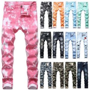 Hip Hop Patch Retro Hole Dragtagen Biker Jeans Camouflage Printing Men Ripped Denim Pants X0621