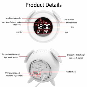 LED Digital Clock Alarm Clock Bedside Table Clock Electronic Desktop Clock Night Light Sunrise Sunset Light Mirror Music Clock