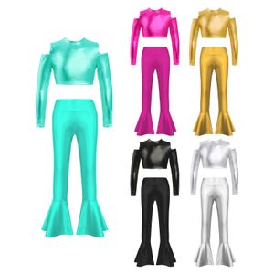 Child Girls Glossy Metallic Jazz Dance Performance Clothing Dancewear Long Sleeve Off Shoulder Crop Top with Bell-bottom Pants