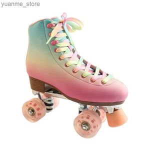 インラインローラースケートダズルグラデーションカラーダブルローラースケートシューズパテインアダルトアルミニウム合金ベースPUブレーキ4輪女性女子Y240410