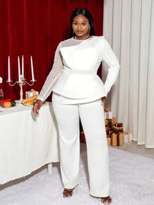 Women Plus Size Elegant Jumpsuit White Beaded Long Sleeve Tunics Wide Leg One Piece Outfits Rompers Curvy Ladies Chic Clothes 240410