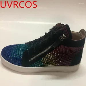 Casual Shoes Brand Suede Men's Flats Shiny Crystal Lace Up Zipper Leisure Style Designers Multicolor Chaussures Man