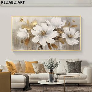 Pintura a óleo de flores douradas em pôster, telas impressa a arte da parede, pintura floral branca abstrata, decoração da sala, decoração de casa sem moldura