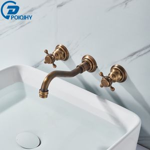 Poiqihy Antique Brass Bathtub Mixer Taps 3 PCS Basin Faucet Двойные ручки горячие и холодные настенные стены, монтируемая бассейн