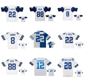 Dikişli Futbol Formaları 8 Troy Aikman 88 Michael Irvin 21 Deion Sanders 22 Emmitt Smith Mesh Legacy Emekli Retro Klasikler Jersey Erkek Kadın Gençlik S-6XL Beyaz Mavi