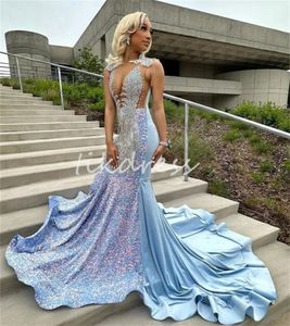 Sparkly Aso Ebie Mermaid Evening Dresses 2024 Beaded Crystal Blue Prom Dress For Black Girls Luxury Ceremony Sequin Formal Occasion Party Gowns vestidos de fiesta