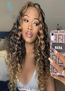 1b27 Colored Curly Lace Part Human Hair Wigs PrePlucked Ombre Malaysian Remy Front For Black Women Bleached Knots6079642