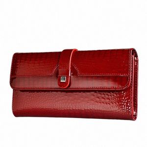 hh Women Lg Wallet Genuine Leather Wallets Red Aligator Pattern Cowhide Purse Three Fold Large Capacity Clutch Wallet Luxury e4vE#