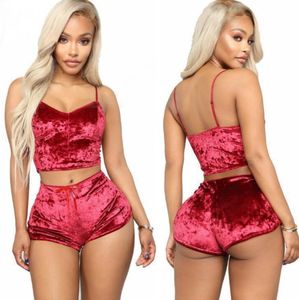 Kvinnors sammet polyester bekväm v-ringning underkläder setcamisole+shorts pyjamas set hemkläder ärmlösa topp shorts