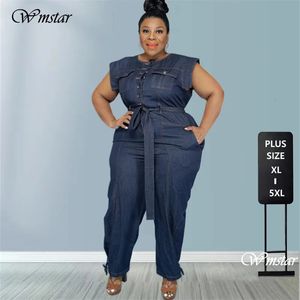 Jumpsuit plus size kvinnliga kläder denim rund hals snörning upp ärmlösa byxor fick sträcka bodysuit grossist droppe 240410