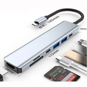 Hub 7 in 1 Hub TypeC Splitter SD TF Veri USB3.0 2.0 Ethernet 4K Dizüstü bilgisayar PC MacBook Air M1 iPad için