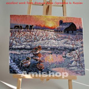 Amishop Top Quality Beautiful Lovely Counted Cross Stitch Kit Winter Morning Snowy Snow Farm Lake Pond Dim 70-35304 35304