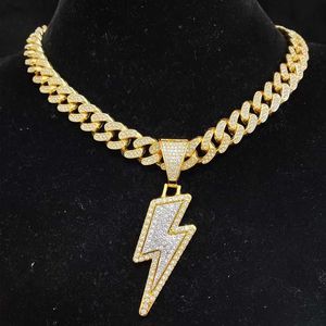 Pendant Necklaces Men Women Hip Hop Lightning Necklace with 13mm Crystal Cuban Chain Hiphop Iced Out Bling Fashion Charm Jewelry 230613
