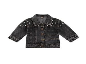 Kurtki maluch dzieci dziecięce dżinsowy płaszcz z długim rękawem Pearl Lapel Buttons Down Jean Jacket Cardigan Autumn Spring Owezyjna wierzchnia 14 ye9352132