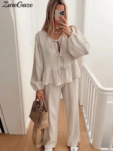 Casual Ruffle Bow Lace Up Shirts Pants Suit Women Loose Oneck Long Sleeve Leopard Shirt Wide Leg Pant 2024 Sping Summer Suits 240329