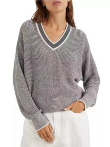 Women Sweaters Spring Cotton and Linen brunello V-neck Beaded Yarn Long Sleeves White Gray