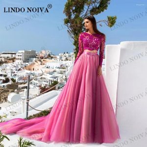 Party Dresses Lindo Noiva Pink Tulle Prom Boho Lace Applicques A Line Two Pieces Lång formell aftonklänning