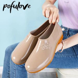 ブーツPofulove Ladies Rain Bootsファッションと便利なキッチンカーウォッシュワークノンズスリップショートチューブ夏の防水ラバーシューズ