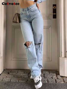 Cotvotee rippade för 2022 Fashion Hole High midja Vintage Streetwear Loose Y2K Pants Full Length Women Jeans