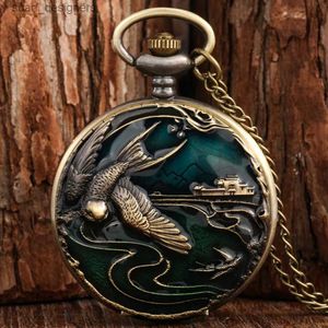 Pocket Watches Bronze Crane/Elk/Elephant Animal Quartz Pocket Round Dial Pocket Necklace Pendant Sweater Chain Pocket Clock for Men Women Y240410