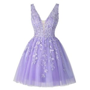 Short Homecoming Dresses Appliques Lace-up Deep V-Neck Tulle Ball Gown Plus Size Cocktail Formal Occasion Cocktail Prom Party Graudation Gowns Hc18